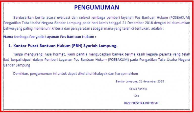 Pengumuman Layanan Posbakum Ptun Bandar Lampung